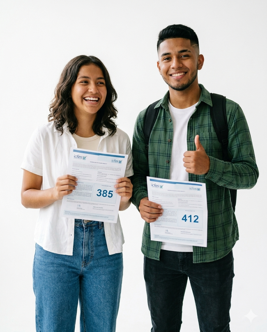 Dos estudiantes celebrando sus puntajes del ICFES Saber 11